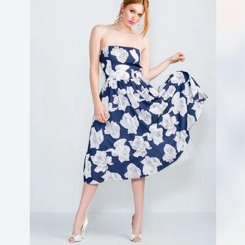 NWT Chi Chi LONDON  Navy white roses strapless DRESS SIZE 12